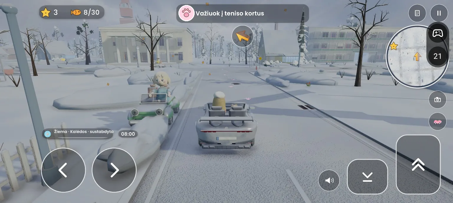 A snowy town street