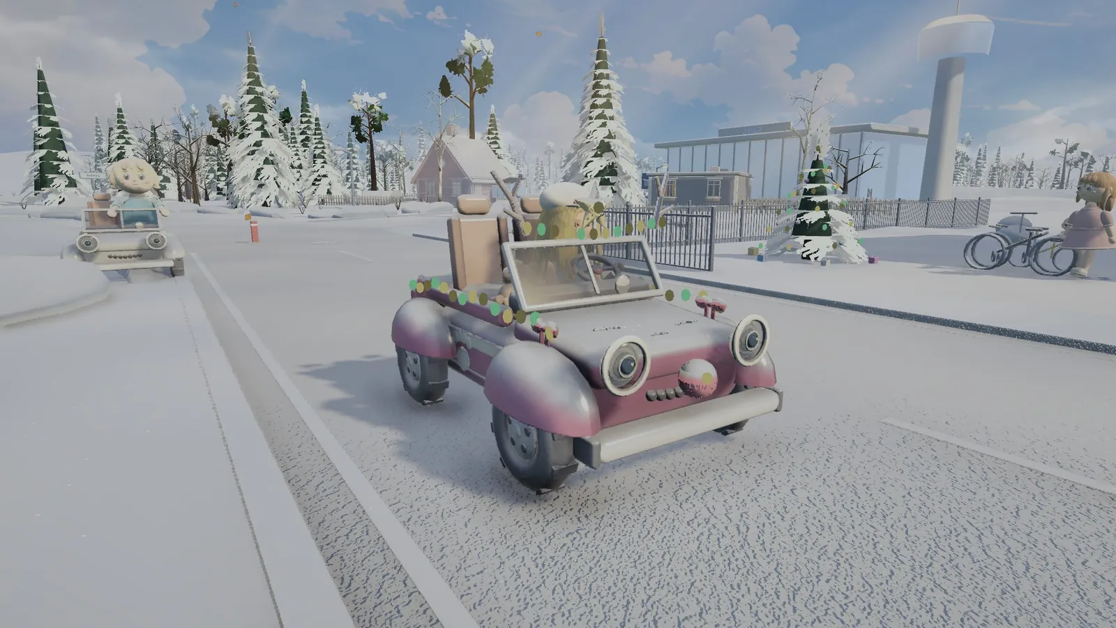 A Christmas-decorated car in the snow